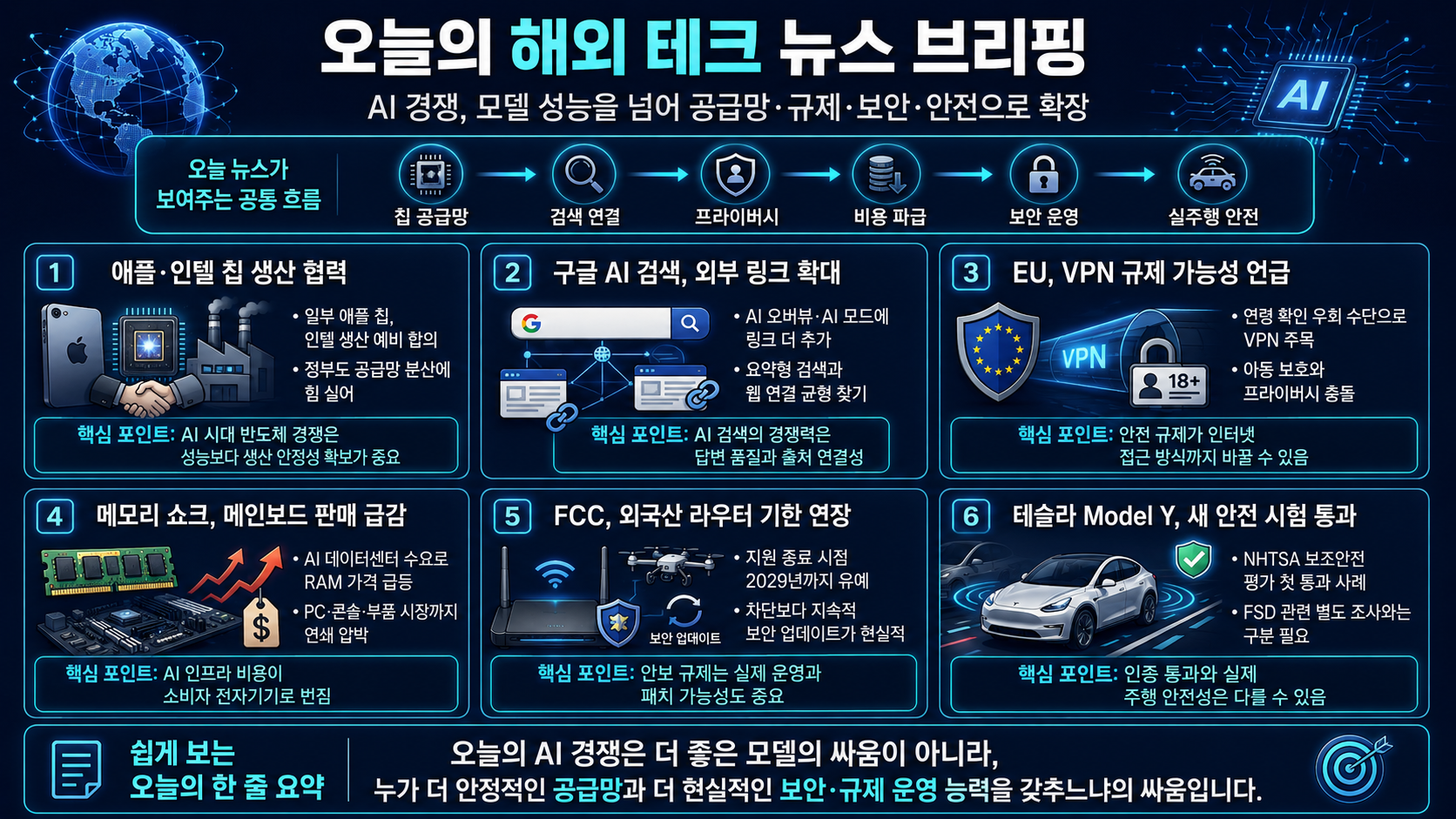 애플과 인텔의 예비 칩 계약, 구글 AI 오버뷰의 링크 확대, EU의 VPN 규제 시사, 메모리 부족이 메인보드 시장까지, FCC의 외국산 라우터 유예, 테슬라 모델 Y의 새 안전 테스트 통과
