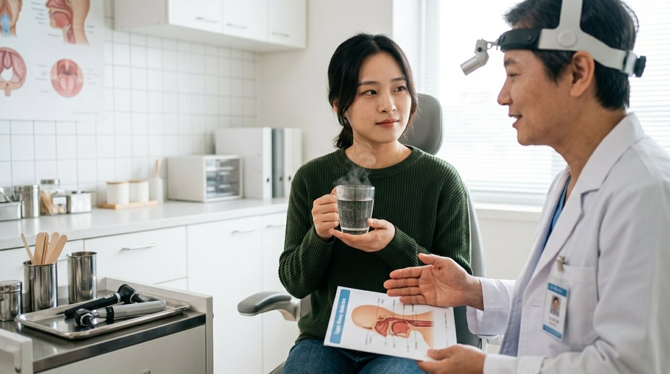 이비인후과에서 의사에게 올바른 대처법 설명을 들으며 안도하는 여성