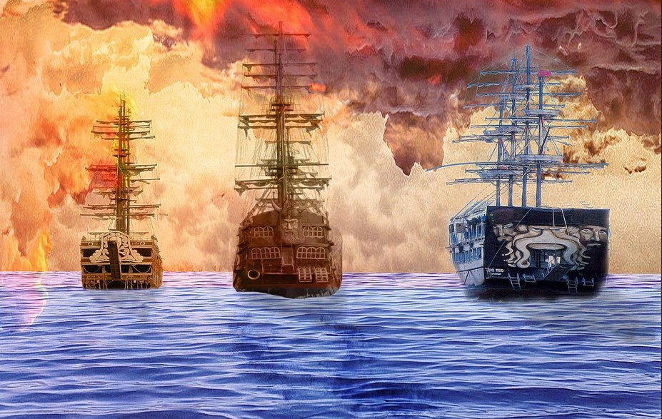 드넓은 바다 위에 전함 3척이 떠 있는 그림