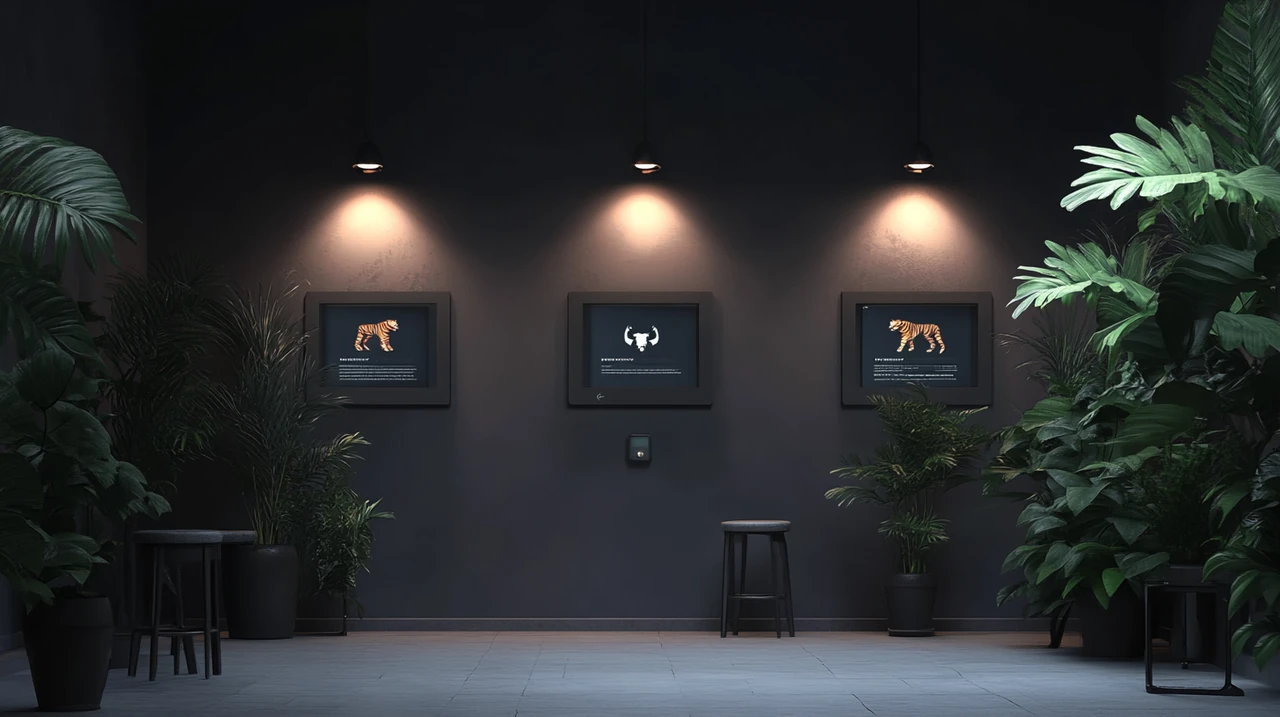 도시적이고 스타일리시한 환경에서 TIGER ETF의 종합적이고 예술적인 마케팅 캠페인 장면, 인터랙티브 디지털 디스플레이가 형형색색으로 활기차면서도 전문적인 분위기를 자아냄