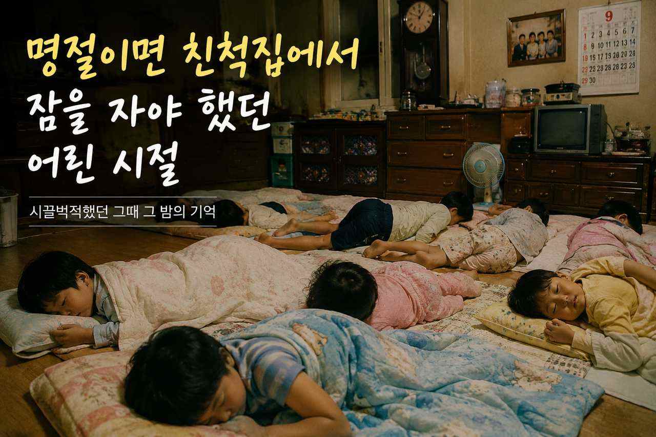 명절밤 친척집 거실 바닥에 여러 아이가 이불을 덮고 나란히 잠든 모습