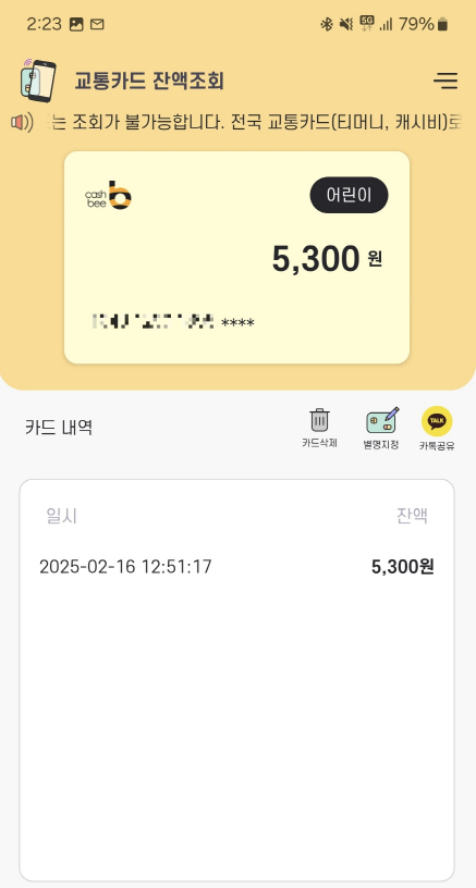 교통카드 잔액확인 - 조회결과