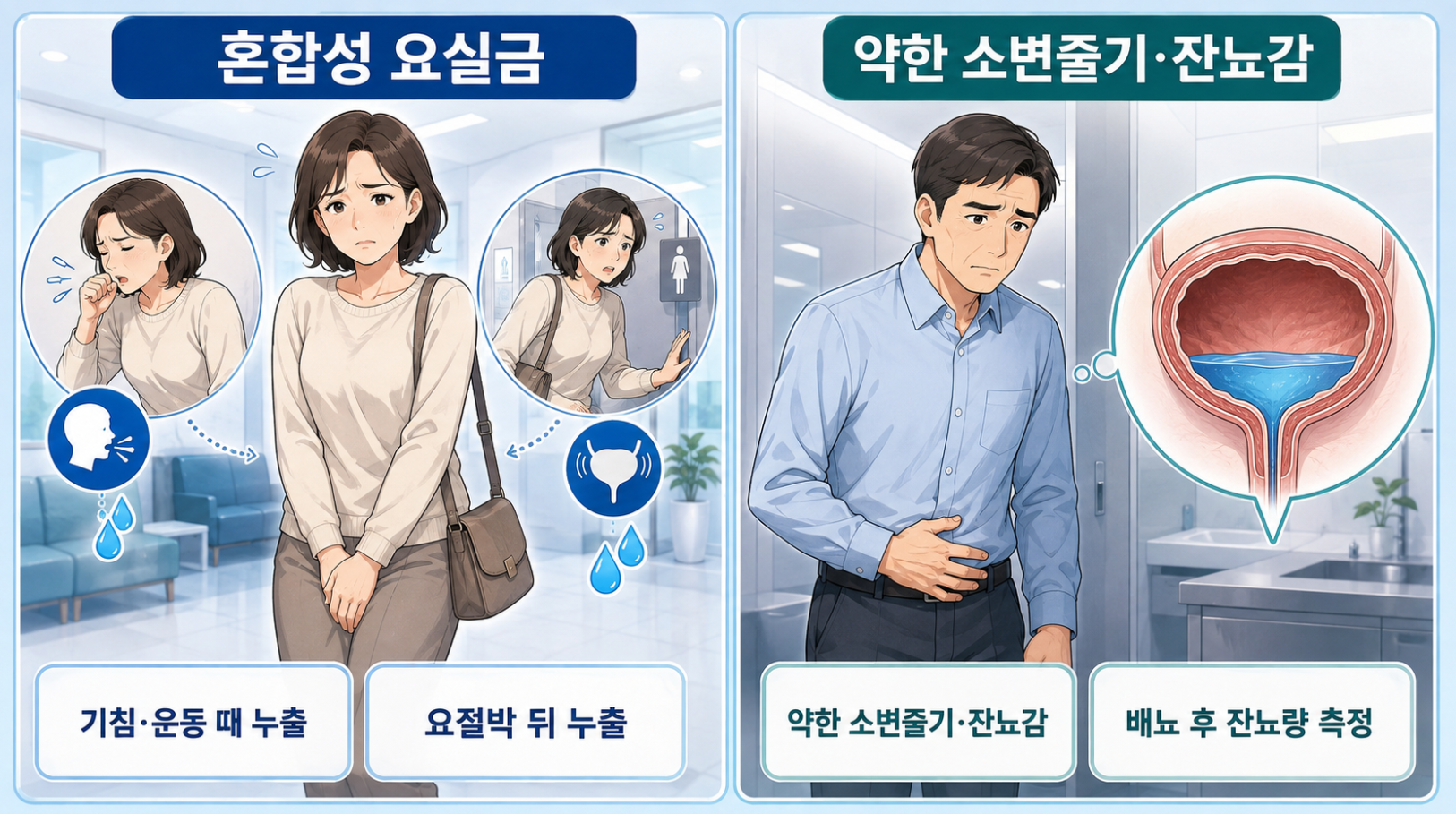 복압성&middot;절박성 누출이 함께 나타나는 혼합성 요실금과 약한 소변줄기&middot;잔뇨감 및 잔뇨량 확인