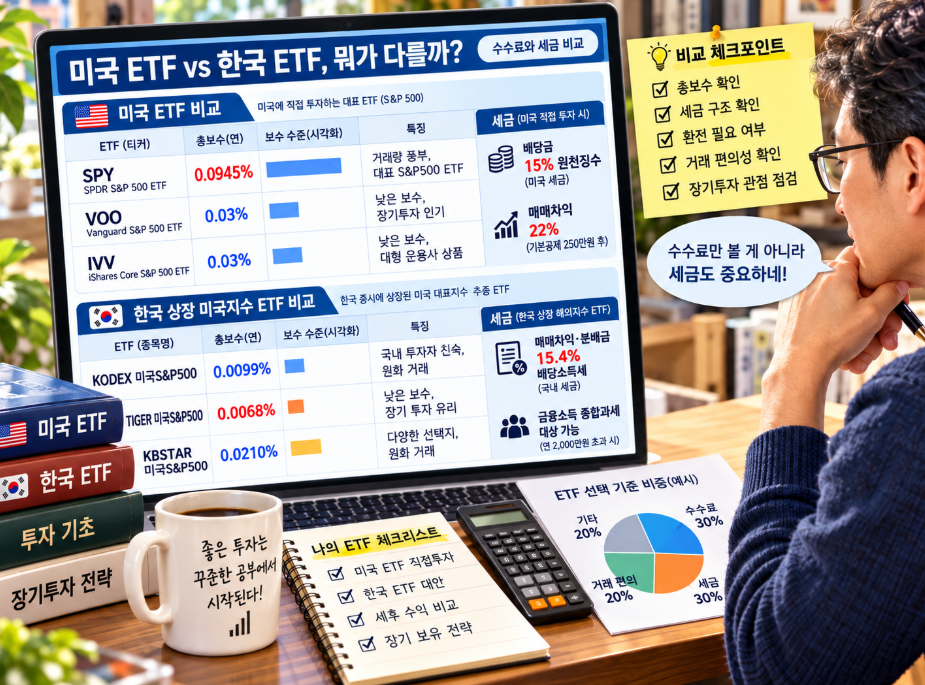 SPY VOO IVV 같은 미국 ETF와 한국 ETF의 수수료와 세금을 비교하는 장면