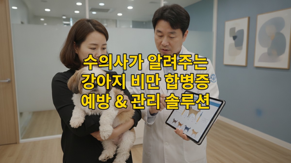 수의사와 함께 강아지 비만 차트를 보며 상담하는 보호자와 강아지