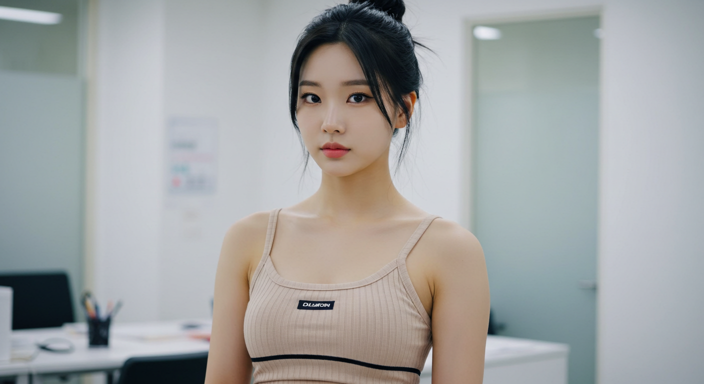 똥머리를 하고 서있는 여성