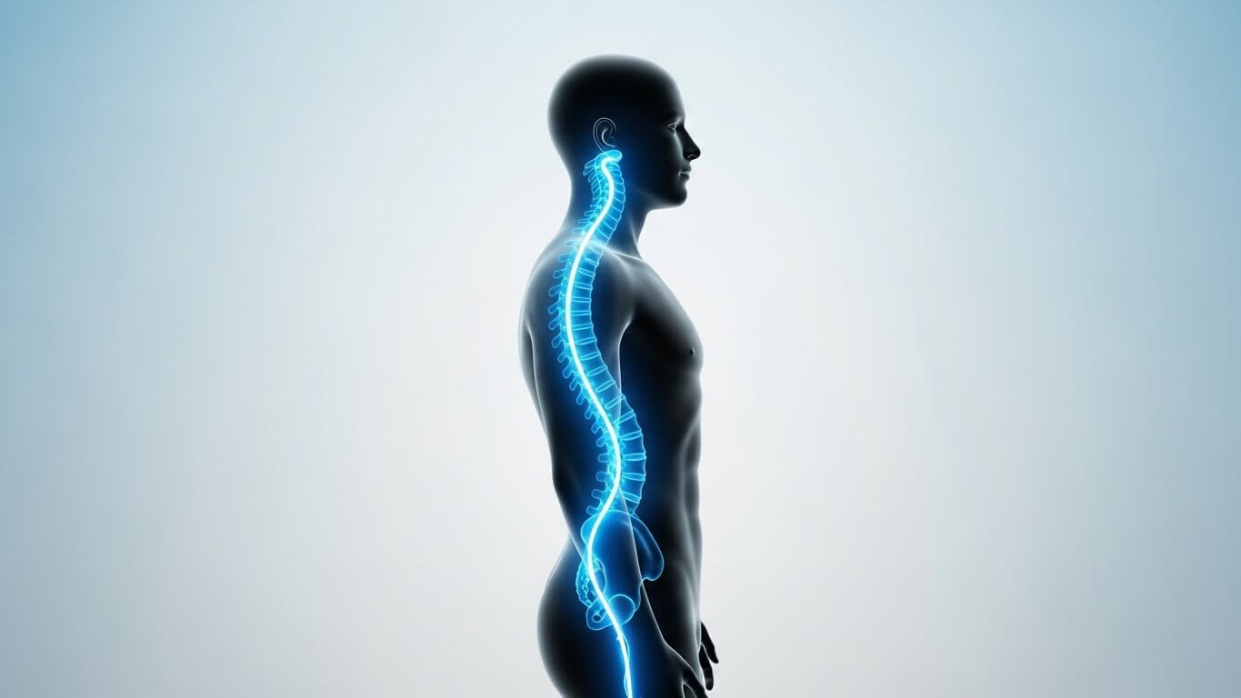 사람 옆모습에서 척추 라인이 강조된 중립 척추 자세 설명 이미지