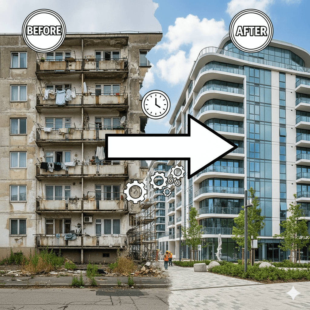 헌아파트가 새아파트로 변화한것을 삽화로 나타냄