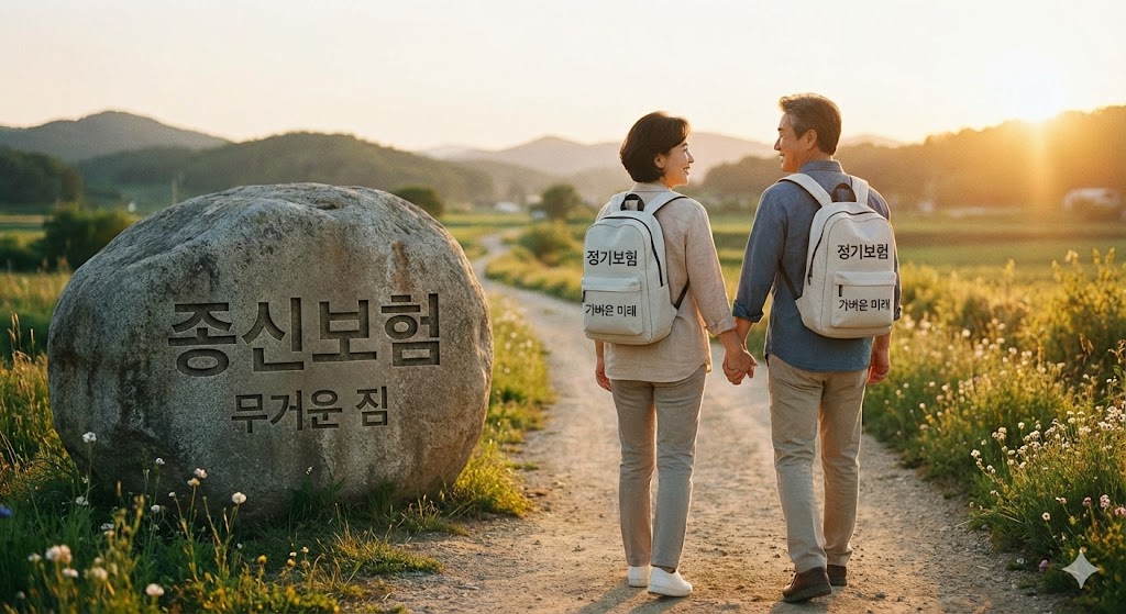 100세 종신보험이라는 무거운 짐을 내려놓고 가벼운 배낭을 멘 채 걷는 50대 부부
