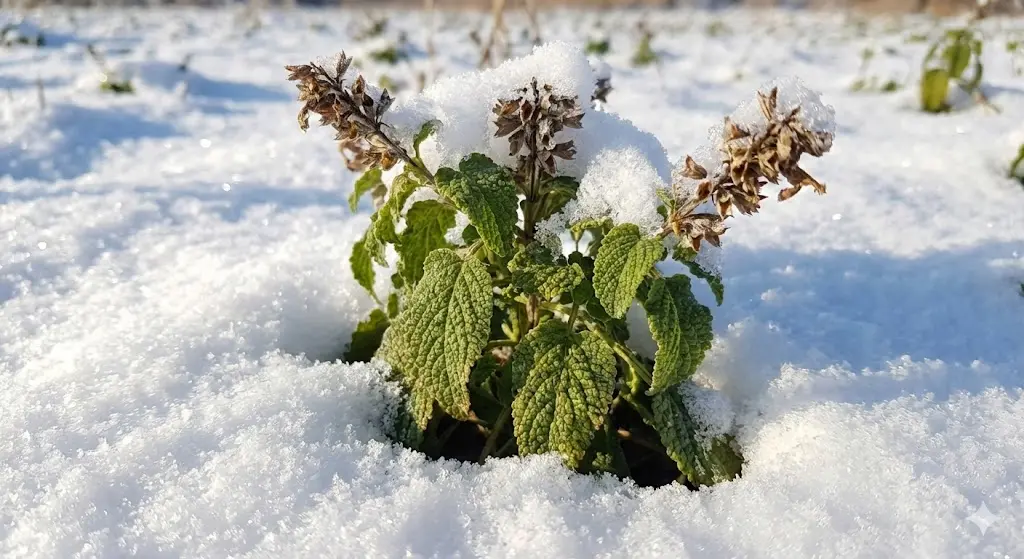 겨울철 눈 속에서도 자라는 강인한 생명력의 배암차즈기(곰보배추)