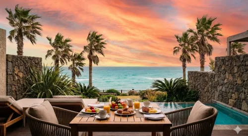 제주도 야자수와 바다가 보이는 리조트 테라스 일출 풍경