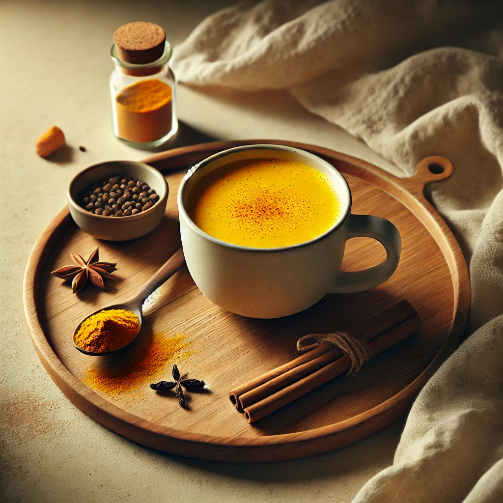 커큐민 흡수를 높이는 골든 밀크 한 잔과 후추, 계피가 함께 놓인 건강 레시피 장면