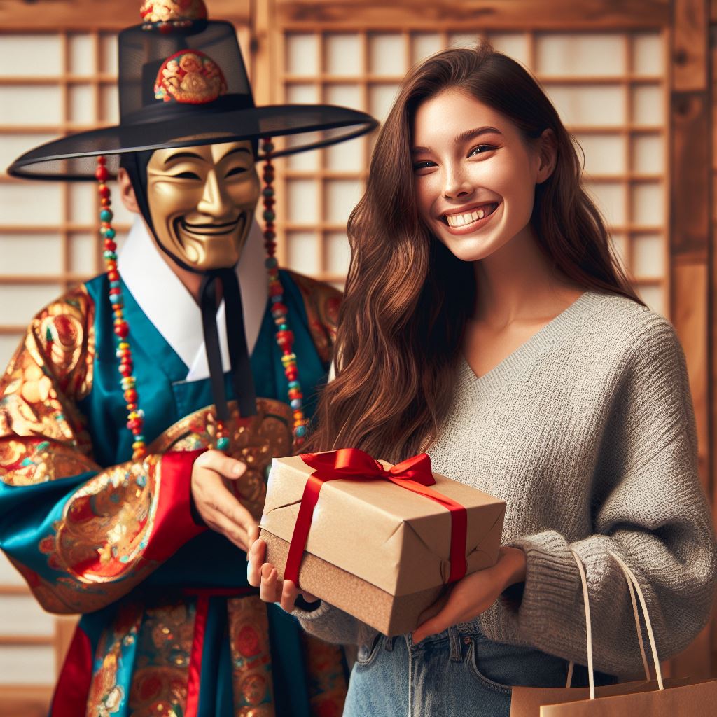 서양 외국인 친구가 선물을 받고 기뻐하고 있다. 옆에는 하회탈을 쓴 한국인 친구가 서 있다