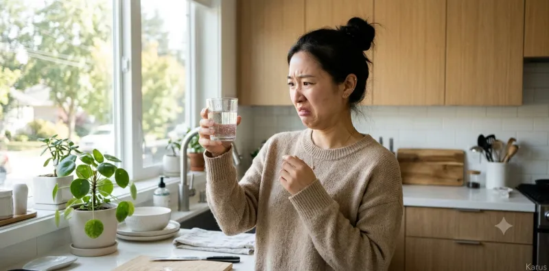 액체 대장내시경 약 먹는법 과정에서 컵을 들고 괴롭게 헛구역질을 참는 모습