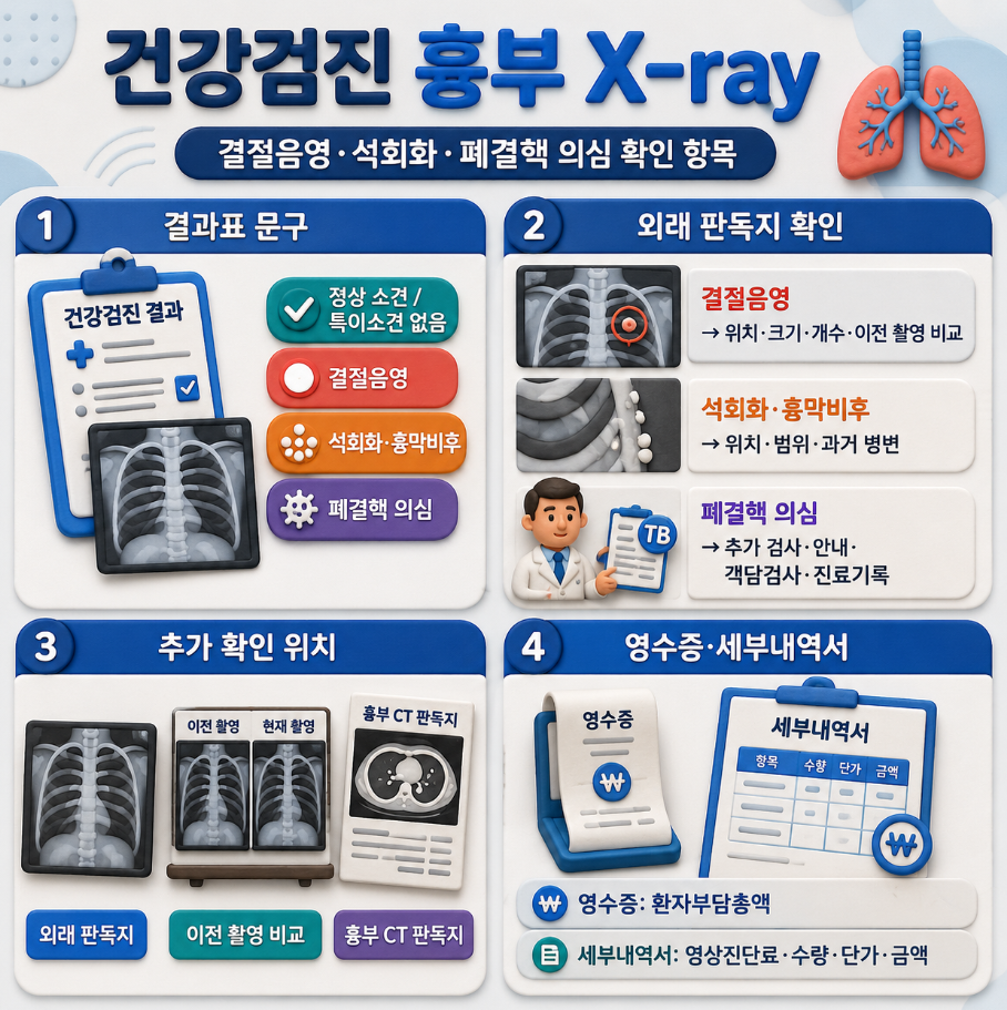 건강검진 흉부 X-ray 결과에서 결절음영, 석회화, 폐결핵 의심 문구와 외래 판독지 확인 항목을 정리한 인포그래픽