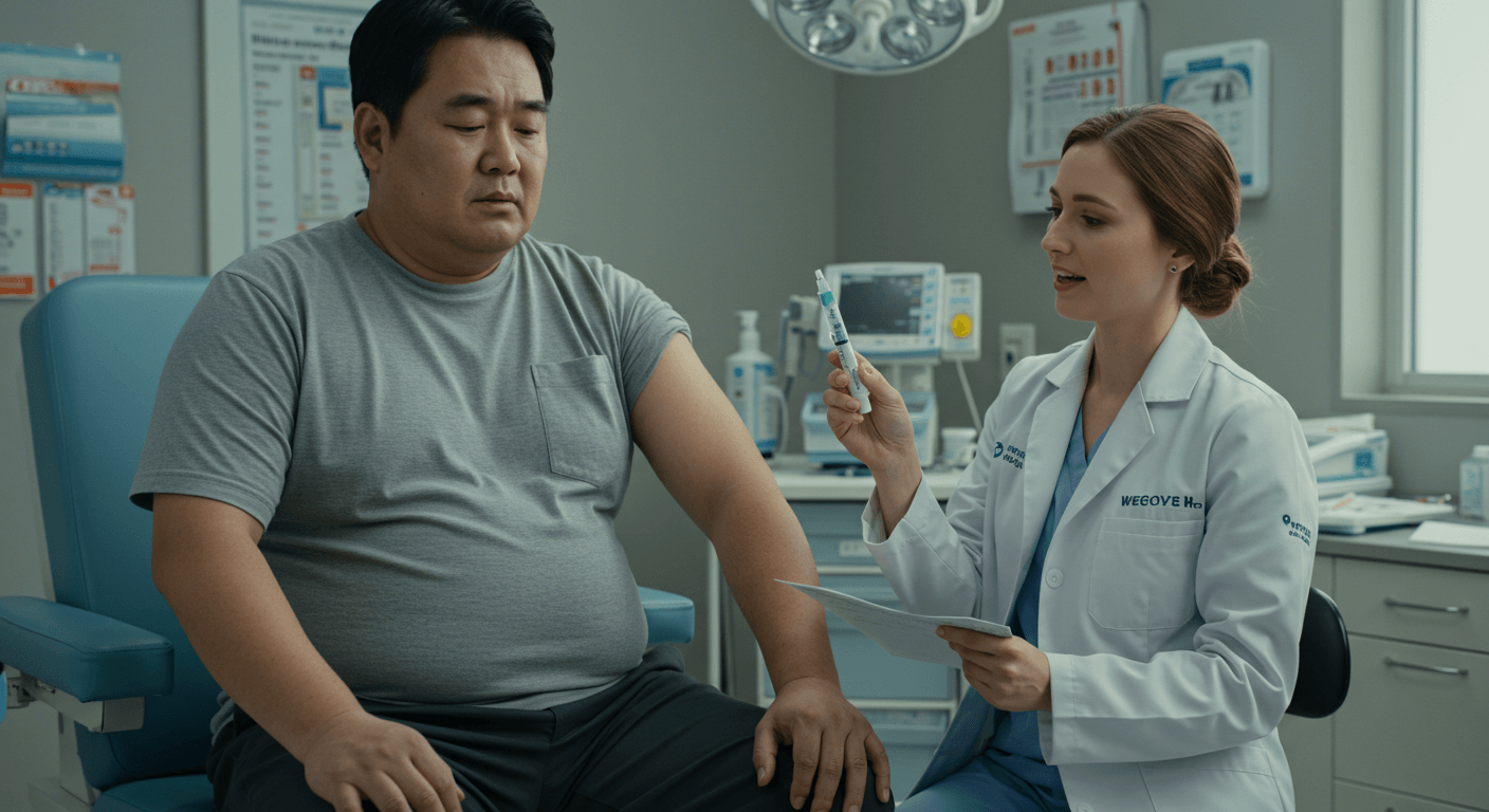 비만 환자가 병원에서 위고비 주사 펜을 의사에게 설명 듣는 장면 3