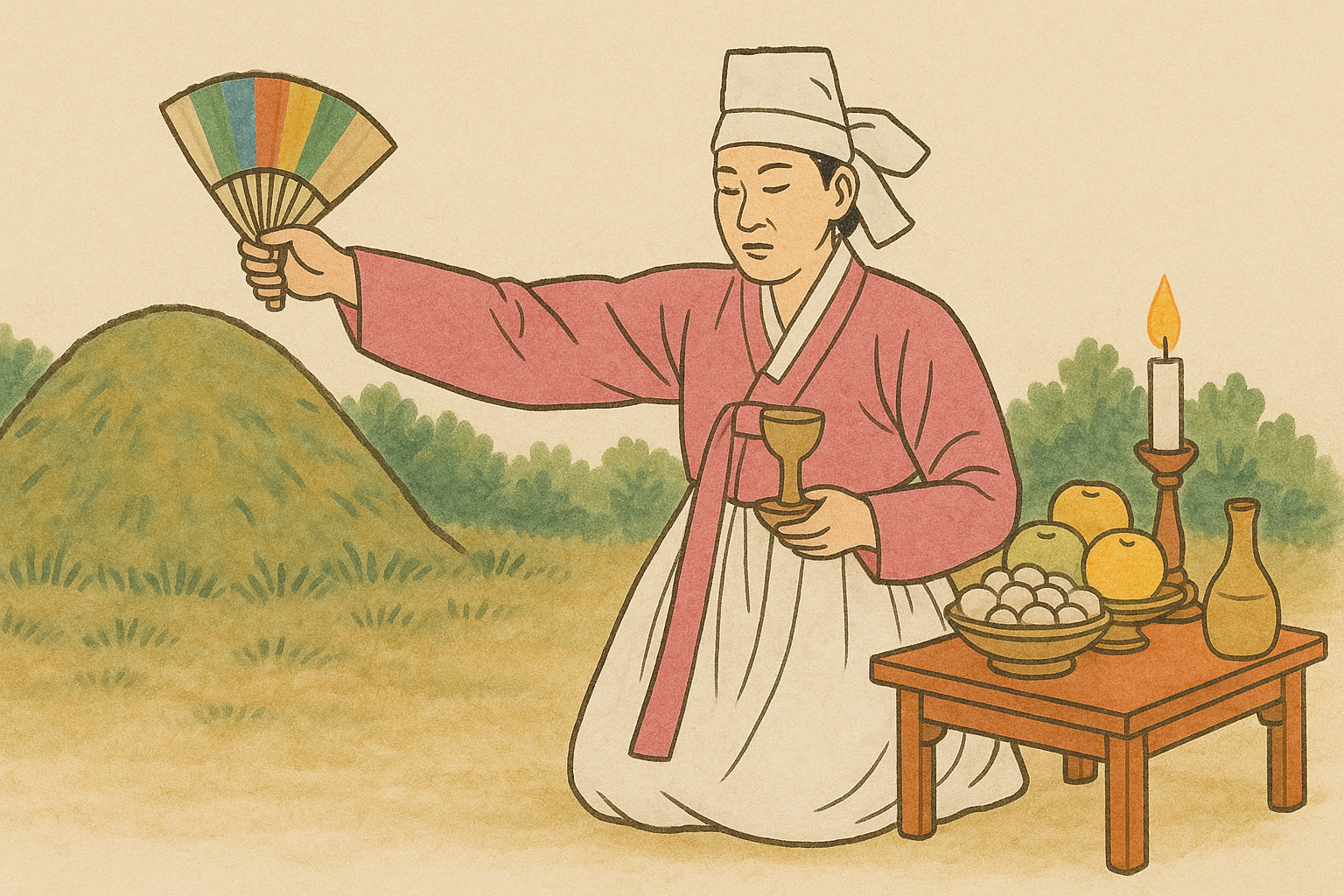 한국 무당이 묘를 보면 굿을 하고있는 모습