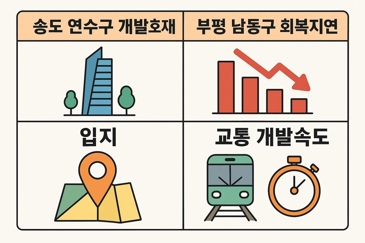 인천 송도와 연수구의 개발호재, 부평&middot;남동구의 회복 지연 지역을 비교하여 입지와 교통개발 속도를 분석한 2025 인천아파트 시세전망 인포그래픽입니다.