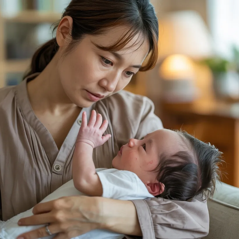 신생아 아토피 초기증상이 나타나고 있는 아기를 바라보는 엄마