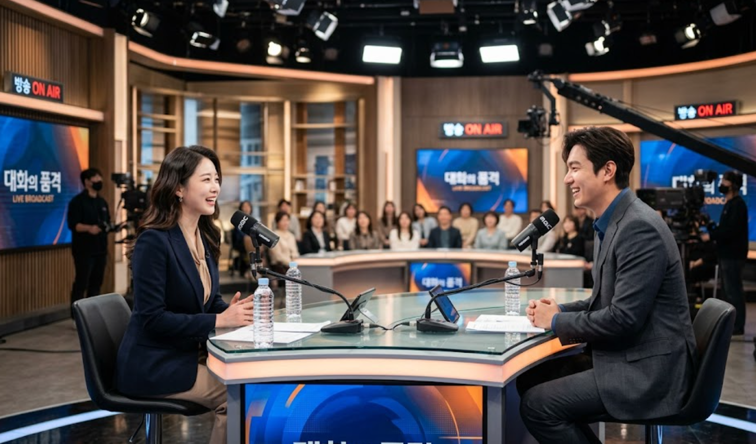 방송 스튜디오에서 대화하는 모습