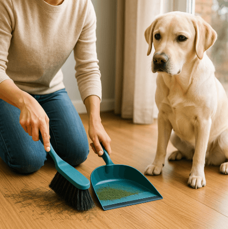 바닥에 송진가루를 쓸고 있는 주인과 지켜보는 강아지