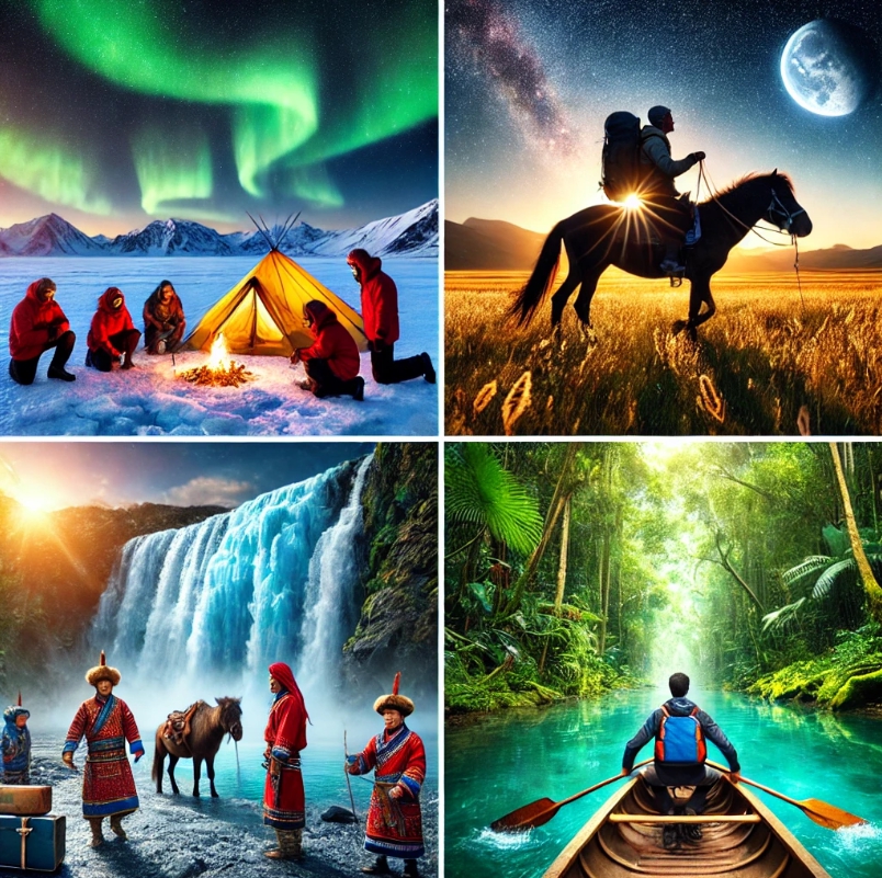한 장면은 남극에서 오로라 아래 얼음 위에서 캠핑하는 여행자들의 모습을 보여줍니다. 또 다른 장면은 광활한 초원에서 몽골 유목민과 함께 말을 타고 있는 여행자의 모습입니다. 세 번째 장면은 무성한 녹지와 이국적인 야생동물로 둘러싸인 아마존 정글을 항해하는 사람의 모습을 담고 있습니다