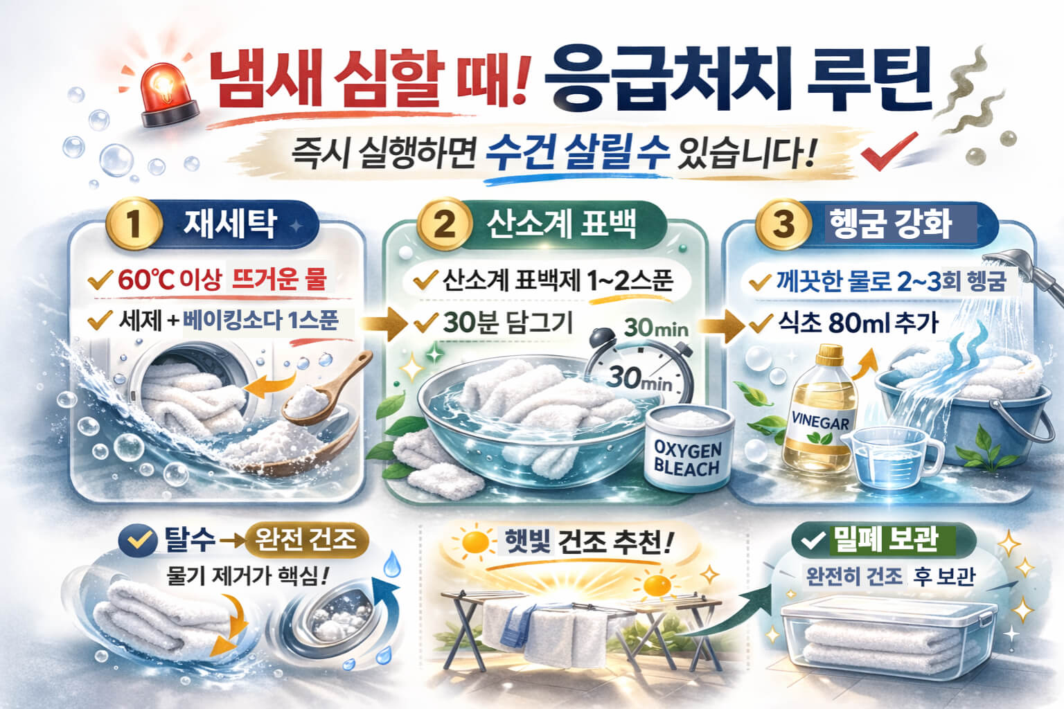 재세탁과 산소계 표백, 헹굼 강화로 냄새를 잡는 응급처치 안내 카드