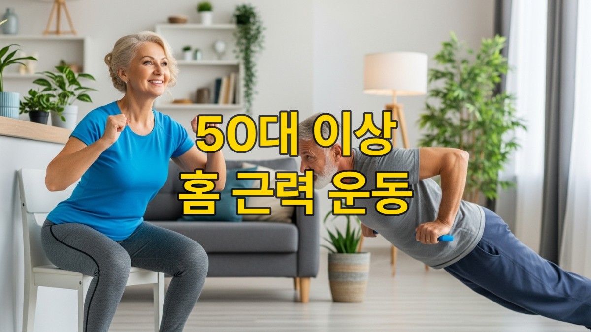 50대 이상 시니어 부부가 집에서 의자 스쿼트와 벽 푸쉬업으로 활기차게 근력 운동을 하는 모습.