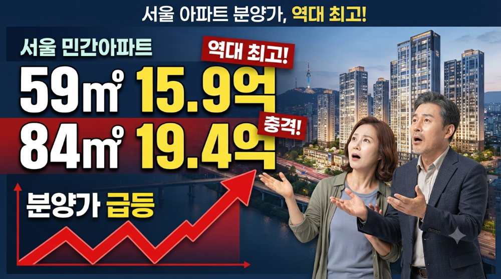 서울 민간아파트의 59㎡ 평균 분양가가 15.9억 원, 84㎡가 19.4억 원으로 역대 최고가를 기록한 것을 보여주는 뉴스 썸네일. 급등하는 그래프와 놀란 표정의 커플, 그리고 청약 핵심 전략(특별공급, 자금 계획 등)이 포함된 정보 그래픽 이미지.