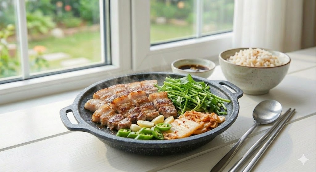 노릇한 삼겹살에 아삭한 생미나리를 곁들여 먹는 상큼하고 고소한 최고의 조화, 미나리 삼겹살