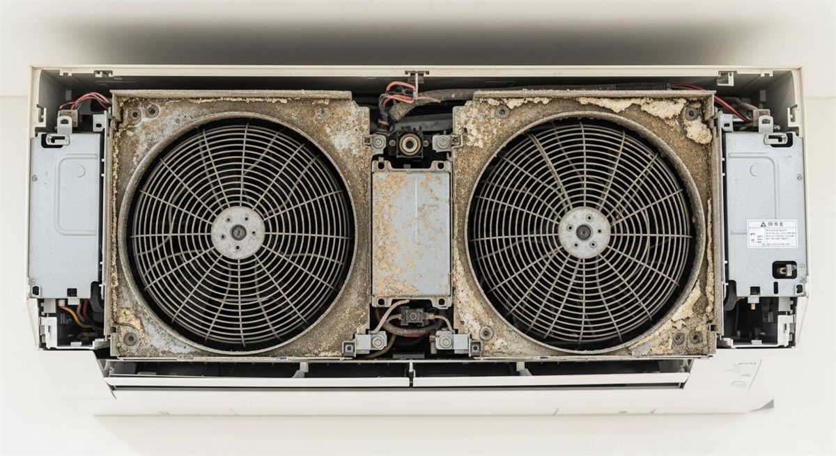 에어컨 내부 부품에 곰팡이와 먼지가 쌓인 상태를 보여주는 장면 