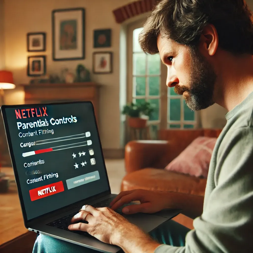 부모가 자녀의 안전한 시청을 위해 넷플릭스 보호자 설정을 하는 장면.