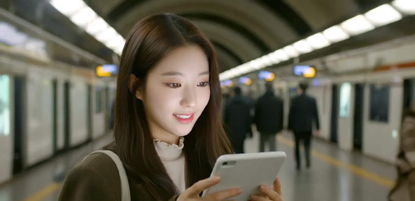 지하철에서 태블릿을 보는 여성