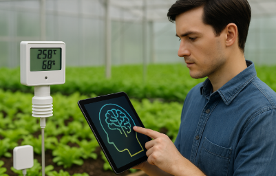 인공지능 제어를 위해 태블릿과 센서를 활용해 온실 환경을 조정하는 농부
