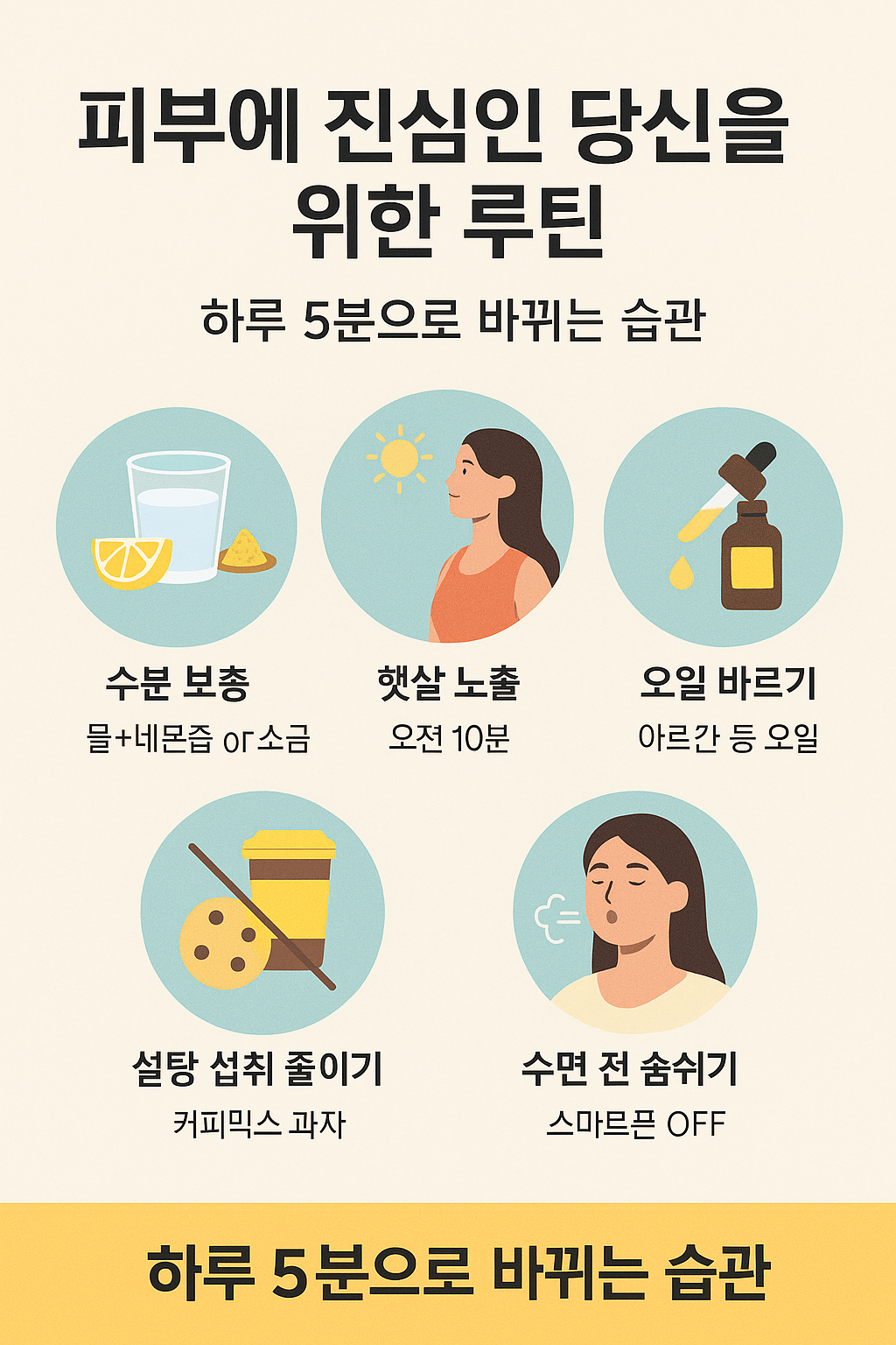 피부톤 개선과 수분 보충을 위한 아침 루틴과 오일 케어, 레몬물, 햇빛 쬐기 등을 소개하는 한국어 인포그래픽 이미지로, 피부에 진심인 사람들을 위한 루틴이 강조된 플랫 스타일 일러스트