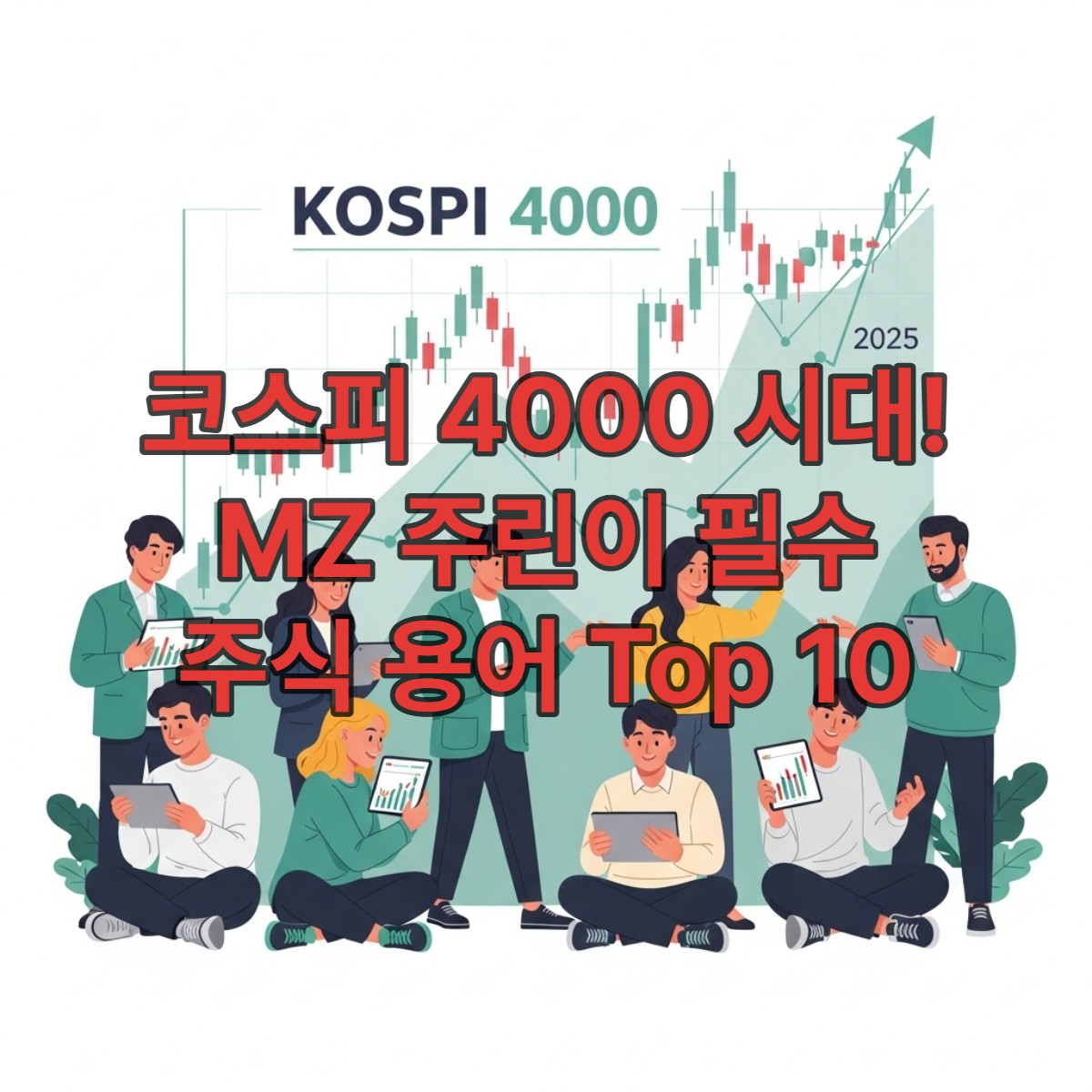 2025년 코스피 4000 시대를 맞아 주식 투자를 시작하는 MZ세대 주린이들이 스마트폰과 노트북으로 주식 시장을 공부하고 토론하는 모습. 활기찬 분위기 속에서 성장과 배움의 과정을 담고 있다.