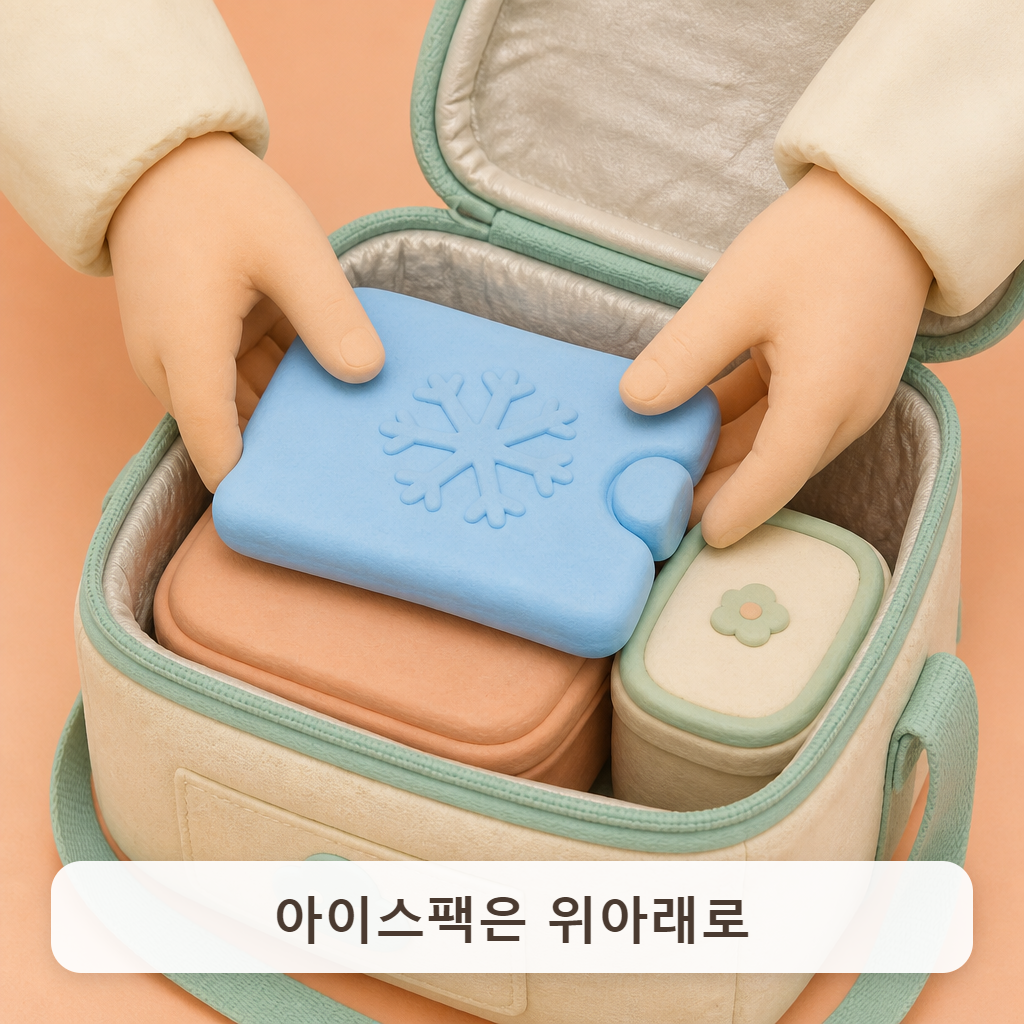 보냉백 안 도시락 위에 아이스팩을 올리는 손