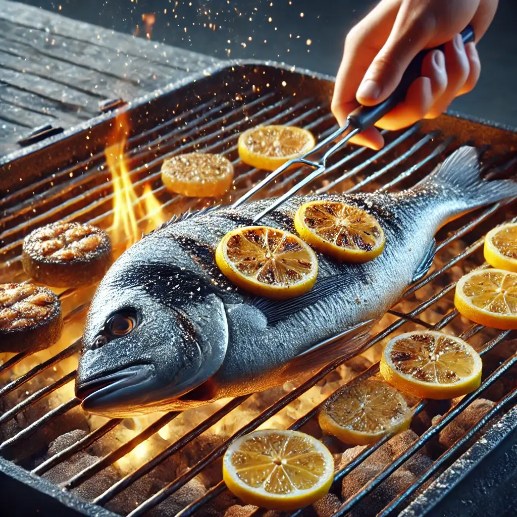 감성돔을 바비큐 그릴에서 굽는 사람