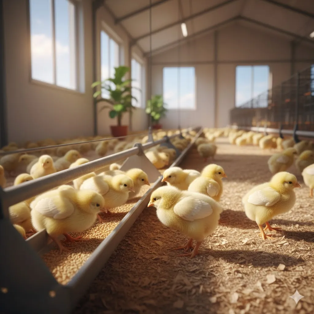 깨끗하게 소독되고 재정비된 듯한 양계 농장 내부에서, 작고 귀여운 병아리 수십 마리가 밝은 햇살을 받으며 활기차게 모이를 쪼거나 뛰어다니는 모습을 담아주세요. 푸른 하늘과 밝은 조명, 따뜻한 색감을 사용하여 희망과 회복의 메시지를 강조합니다. 모든 역경을 이겨내고 다시 시작하는 긍정적인 분위기를 전달합니다.