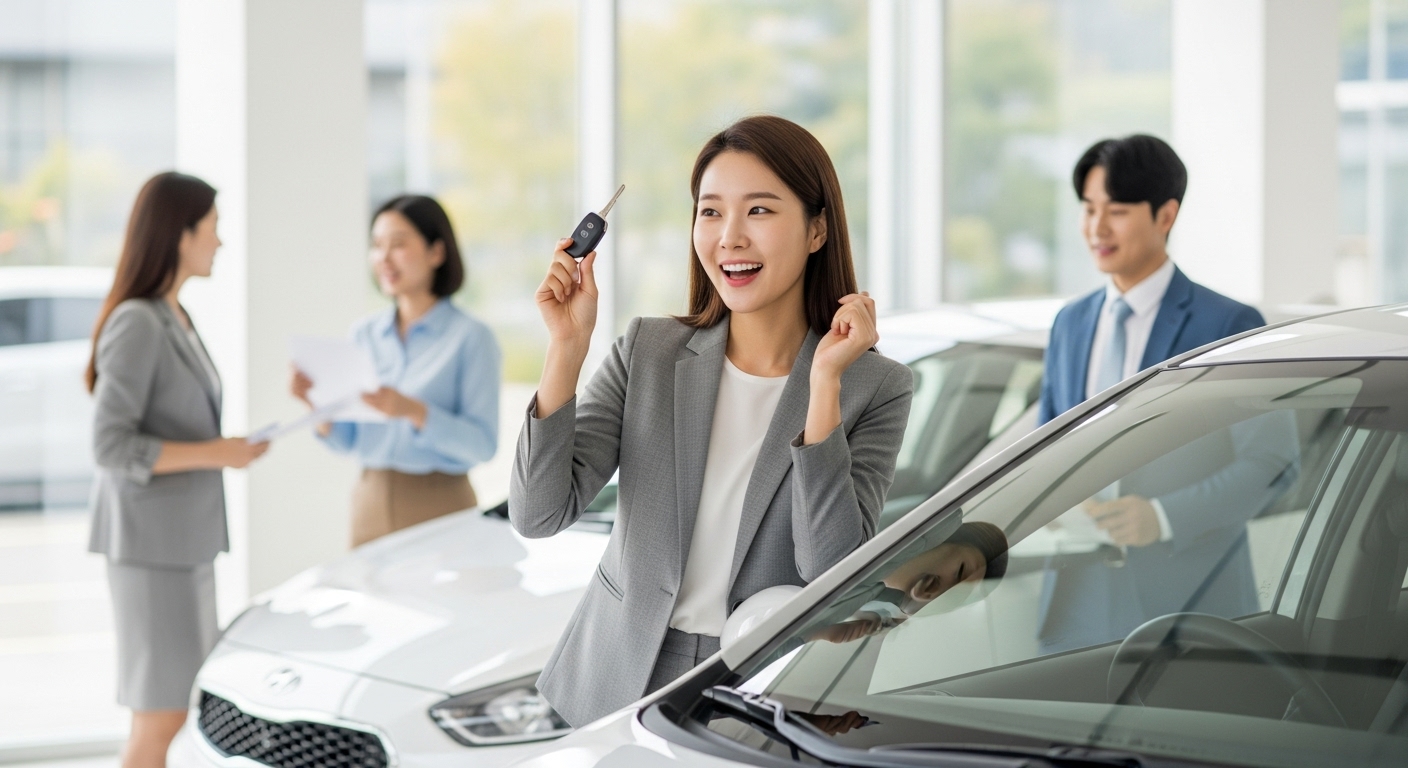 사회초년생 한국인 여성이 자신의 첫 중고차를 구매하며 설레어 하는 모습