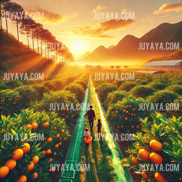 A vibrant citrus farm on Cheongsando Island with a family picking citrus fruits under the bright sun.