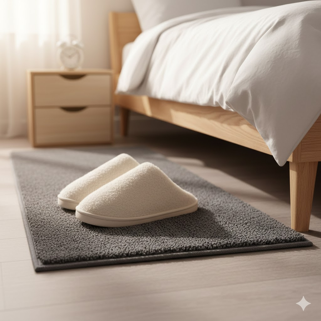 침대 옆에 놓인 미끄럼 방지 매트와 따뜻한 실내 슬리퍼