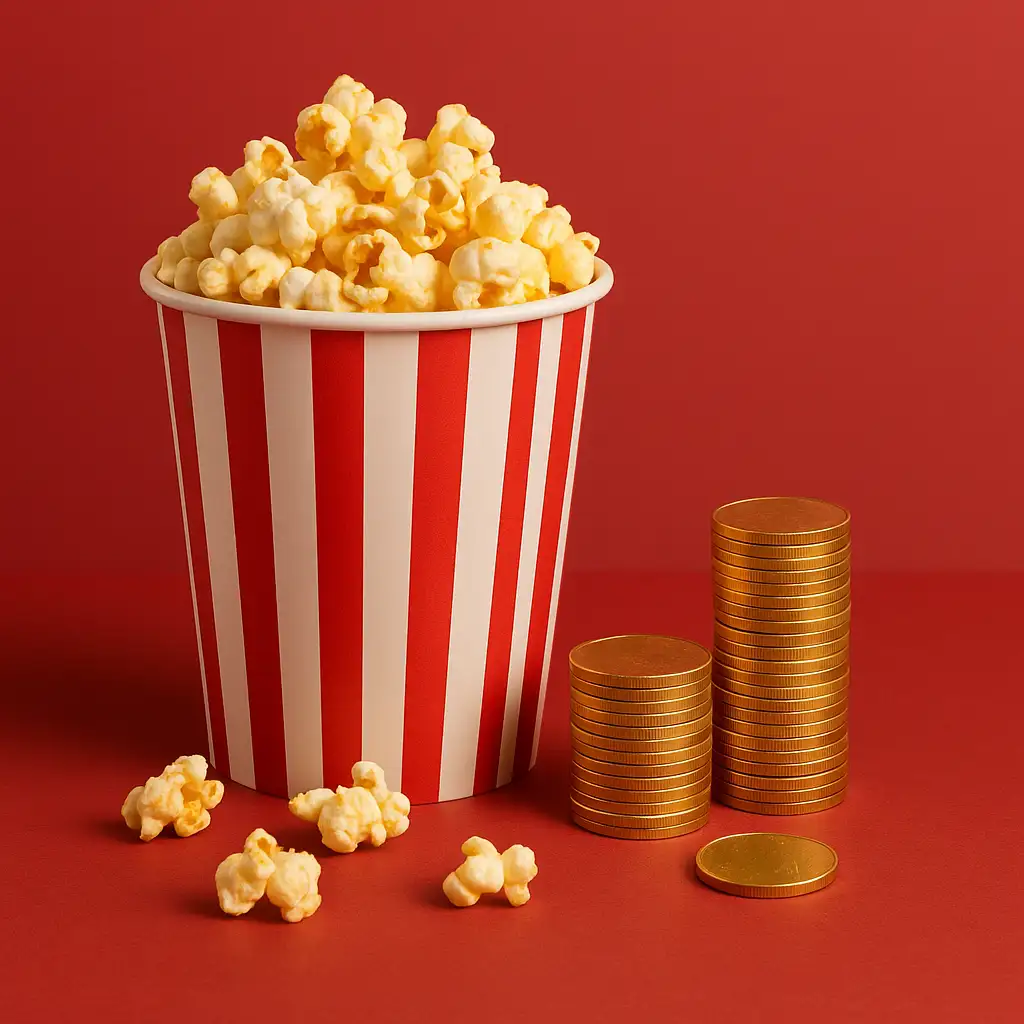 영화관-팝콘통-옆에-금화-더미가-놓여-있어-팝콘의-높은-가격과-극장-수익구조를-상징적으로-표현한-이미지