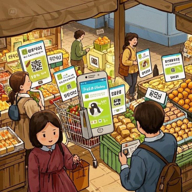 전통시장의 활기찬 장보기 풍경, 디지털 온누리 앱 화면에 QR코드와 10% 할인 태그, 추석 장바구니, 따뜻하고 생동감 있는 색감, 소상공인 지원 메시지.