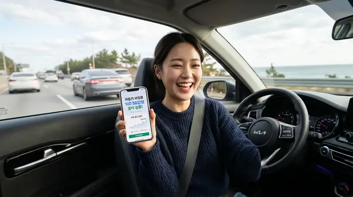 자동차 보험료를 크게 절약한 후 자동차 안에서 스마트폰을 보며 환하게 웃고 있는 운전자의 모습