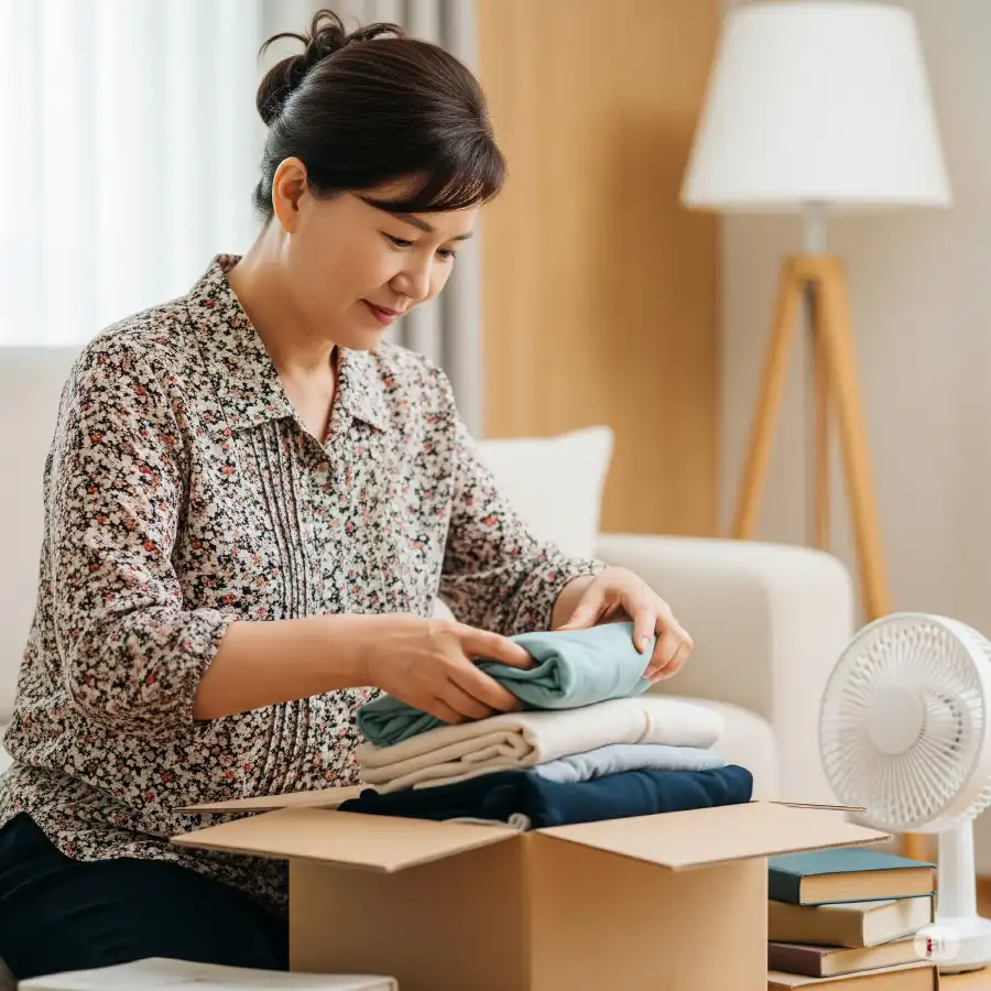 기부할 옷가지와 생활용품들을 미리 분류하는 모습