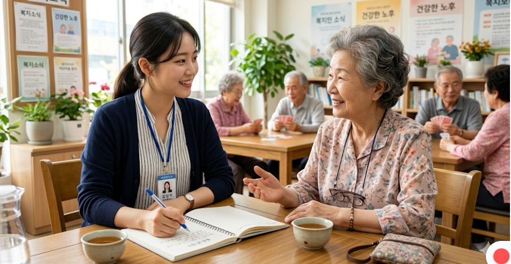 실습생이 대상자와 눈을 맞추며 전문적으로 관찰 노트를 적는 모습