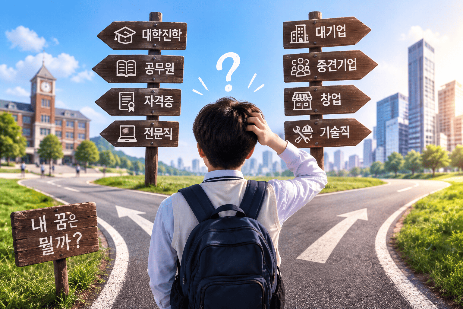 대학 진학과 취업 사이에서 고민하는 고등학생이 갈림길에서 고민 하고 있다