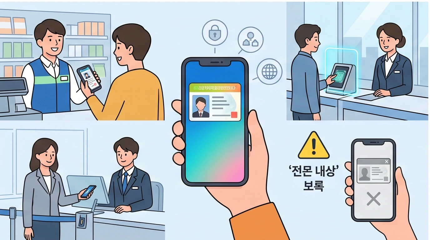 편의점, 은행, 공공기관 등 다양한 장소에서의 모바일 운전면허증 활용 예시와 단순 화면 캡처 사용 불가 주의사항 안내