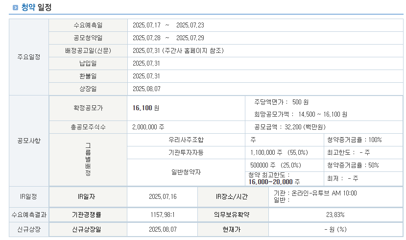 확정 공모가 및 청약일정